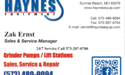 Haynes Equipment Business Card-Zak Ernst- 573-480-9094 Grinder Pumps Lift Stations email: zernst@haynesequip.com